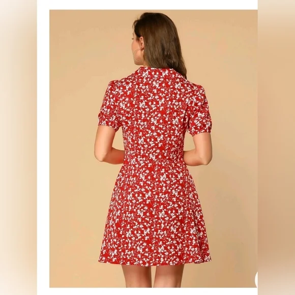 Allegra K Women's Button Up Short Sleeve A-Line Chiffon Vintage Floral Shirt Dre - Picture 4 of 9